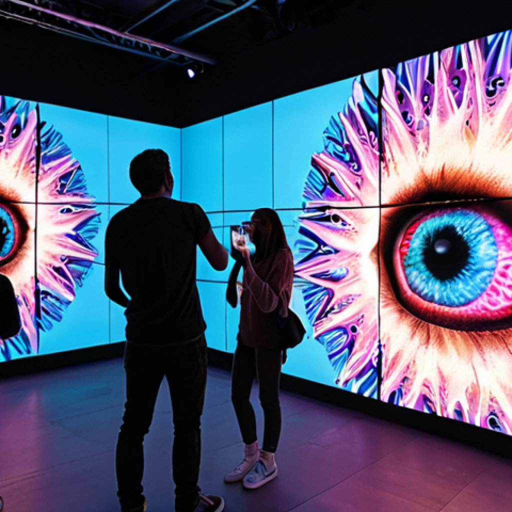 **Digital Art Revolution:** A vibrant and immersive art gallery showcasing interactive digital projections, augmented reality experiences, and digital art for sale as NFTs. Emphasize the fusion of technology and art, with visitors engaging with the artwork.