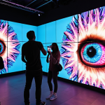 **Digital Art Revolution:** A vibrant and immersive art gallery showcasing interactive digital projections, augmented reality experiences, and digital art for sale as NFTs. Emphasize the fusion of technology and art, with visitors engaging with the artwork.