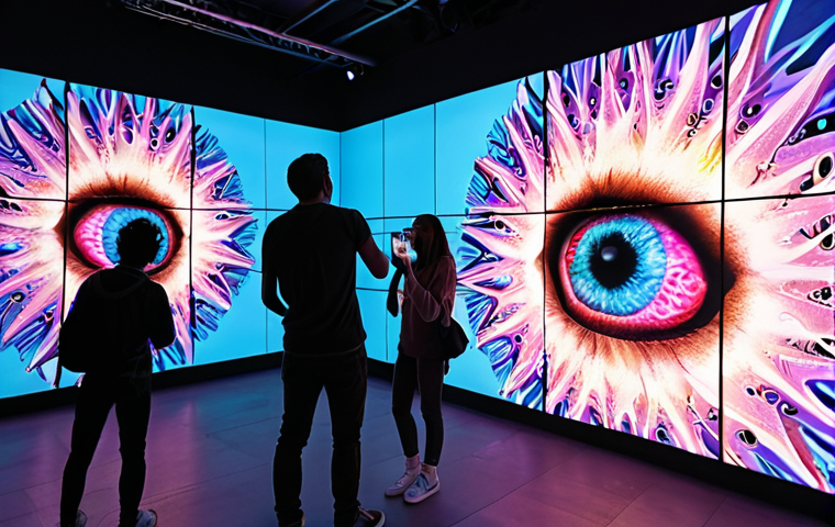 **Digital Art Revolution:** A vibrant and immersive art gallery showcasing interactive digital projections, augmented reality experiences, and digital art for sale as NFTs. Emphasize the fusion of technology and art, with visitors engaging with the artwork.