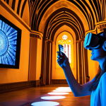 **Immersive Art Experience**: A vibrant, modern art exhibition where diverse visitors are deeply engaged. One person wears sleek VR goggles, virtually walking through a detailed ancient chapel, while another points a smartphone, overlaying augmented reality information onto a classical sculpture. The space features dynamic light projections, subtle soundscapes, and atmospheric elements suggesting unique scents, creating a multisensory and highly interactive experience that merges timeless art with cutting-edge digital innovation.