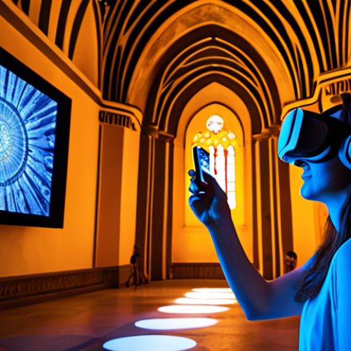 **Immersive Art Experience**: A vibrant, modern art exhibition where diverse visitors are deeply engaged. One person wears sleek VR goggles, virtually walking through a detailed ancient chapel, while another points a smartphone, overlaying augmented reality information onto a classical sculpture. The space features dynamic light projections, subtle soundscapes, and atmospheric elements suggesting unique scents, creating a multisensory and highly interactive experience that merges timeless art with cutting-edge digital innovation.