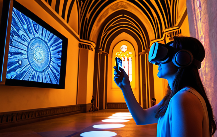 **Immersive Art Experience**: A vibrant, modern art exhibition where diverse visitors are deeply engaged. One person wears sleek VR goggles, virtually walking through a detailed ancient chapel, while another points a smartphone, overlaying augmented reality information onto a classical sculpture. The space features dynamic light projections, subtle soundscapes, and atmospheric elements suggesting unique scents, creating a multisensory and highly interactive experience that merges timeless art with cutting-edge digital innovation.