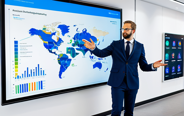 A professional cultural strategist, fully clothed in an elegant, modest business suit, stands in a bright, modern collaborative workspace. They are thoughtfully gesturing towards a large digital display that shows intricate data visualizations and vibrant cultural event mock-ups. A tablet is in their hand, reflecting a connection to digital tools. The environment features clean lines, modern furniture, and subtle design elements that suggest innovation and creativity. The scene is captured with professional photography, showcasing high-resolution detail, a sharp focus, vibrant colors, and soft ambient lighting. This image represents vision, strategy, and digital innovation in cultural planning. safe for work, appropriate content, professional, perfect anatomy, correct proportions, natural pose, well-formed hands, proper finger count, natural body proportions.