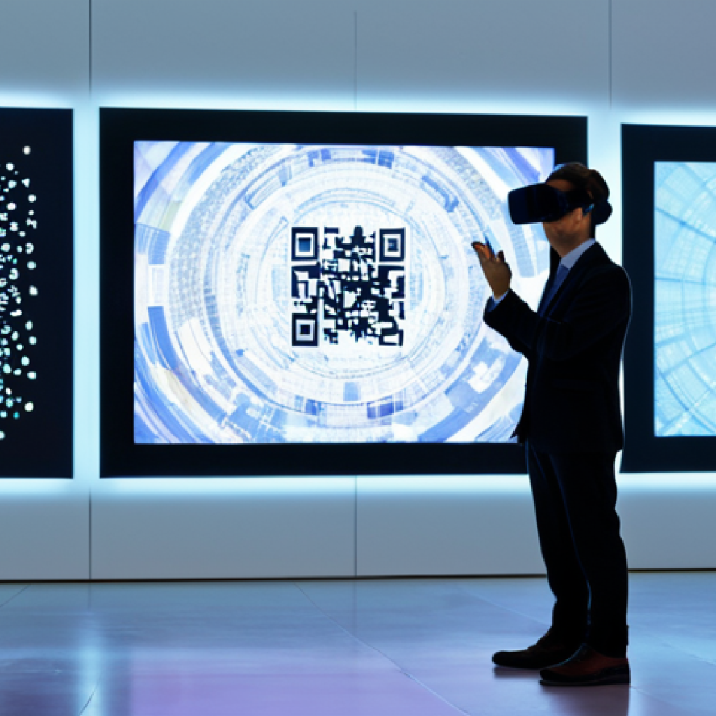 A professional cultural curator, fully clothed in a modest business suit, standing within a spacious, futuristic art gallery. The gallery features large, luminous interactive digital displays showcasing abstract art, with subtle holographic projections in the background. A QR code is subtly visible on a pedestal next to a virtual reality headset. The curator gestures thoughtfully towards one of the interactive screens, engaging with the technology. Perfect anatomy, correct proportions, well-formed hands, natural body proportions, professional photography, high resolution, soft studio lighting, safe for work, appropriate content, fully clothed, professional, family-friendly.