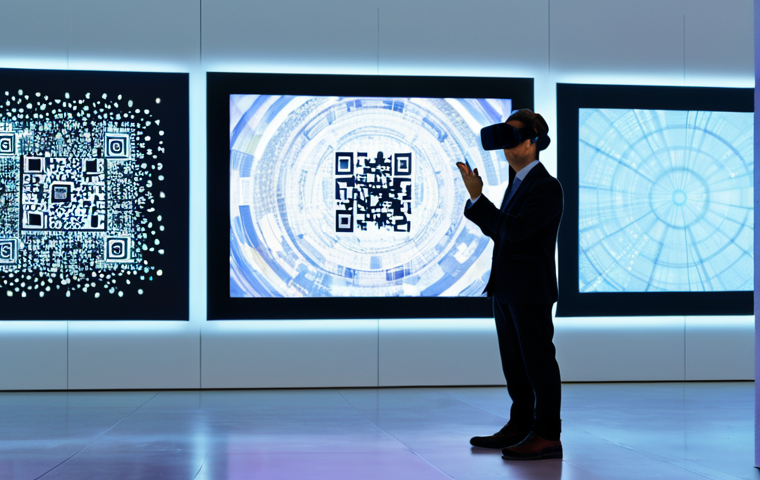A professional cultural curator, fully clothed in a modest business suit, standing within a spacious, futuristic art gallery. The gallery features large, luminous interactive digital displays showcasing abstract art, with subtle holographic projections in the background. A QR code is subtly visible on a pedestal next to a virtual reality headset. The curator gestures thoughtfully towards one of the interactive screens, engaging with the technology. Perfect anatomy, correct proportions, well-formed hands, natural body proportions, professional photography, high resolution, soft studio lighting, safe for work, appropriate content, fully clothed, professional, family-friendly.