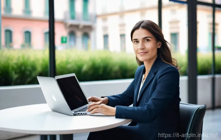 미술문화기획사의 직무 전환 성공 경험담 - **Prompt:** A professional Italian woman in her late 30s/early 40s, sitting at a modern, bright co-w...