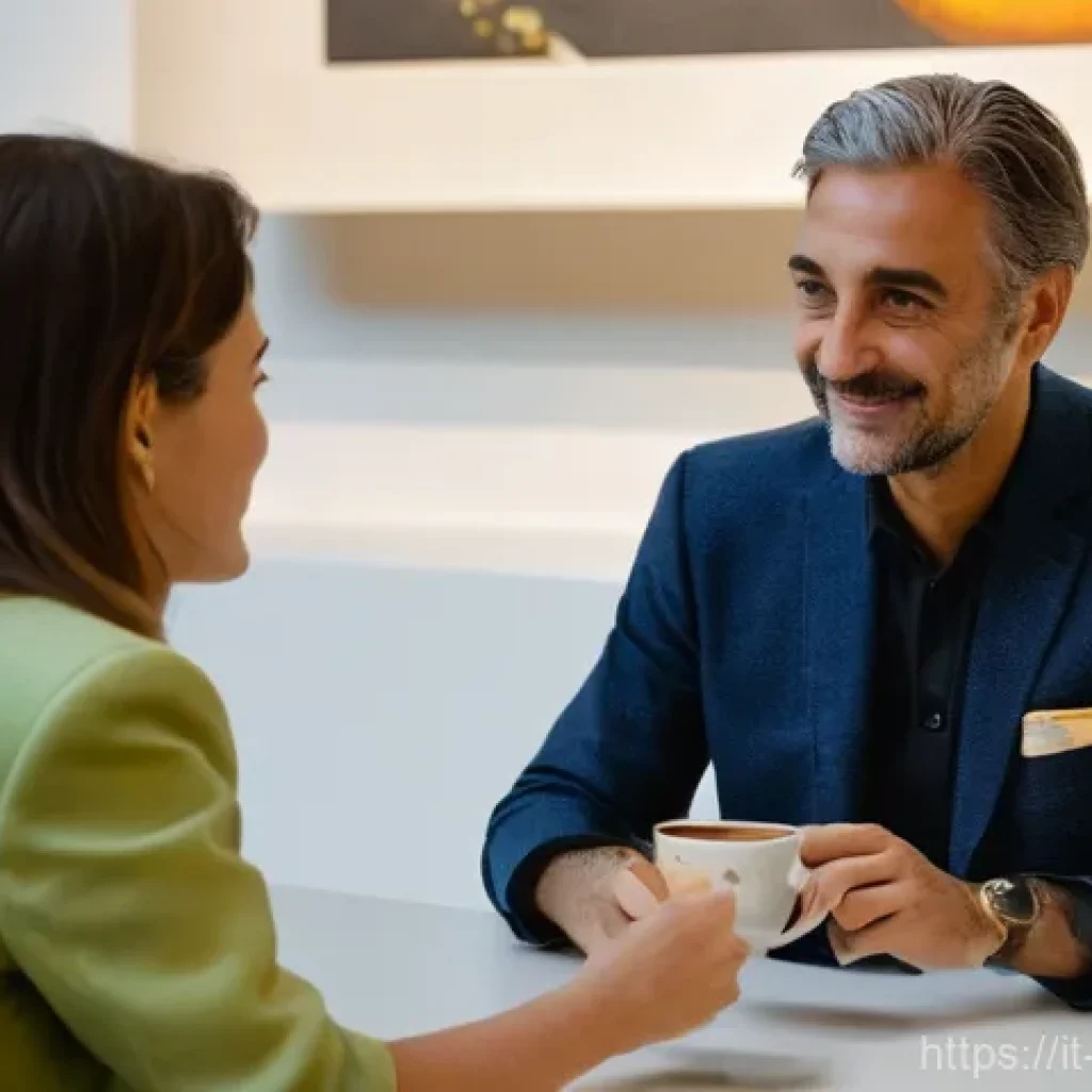 미술문화기획사의 협상 및 설득 전략 - **Prompt:** A detailed shot of an intimate, sunlit cafe inside a modern art gallery in Bologna, Ital...
