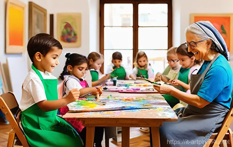 미술문화기획사의 성공적인 전시회 개최 사례 - **Prompt 1: Immersive Art Workshop for All Ages**
    "A vibrant, brightly lit art studio in a histo...