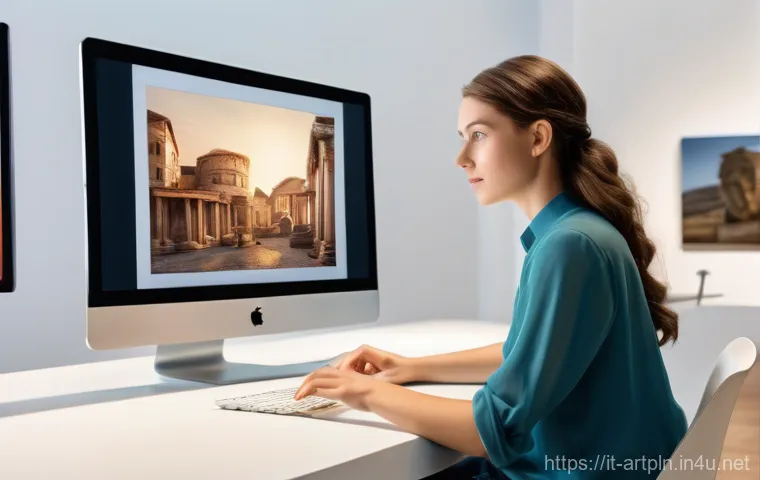 미술문화기획사의 직업 안전성 평가 - A dynamic young female digital storyteller, dressed in a tasteful blouse and smart casual trousers, ...