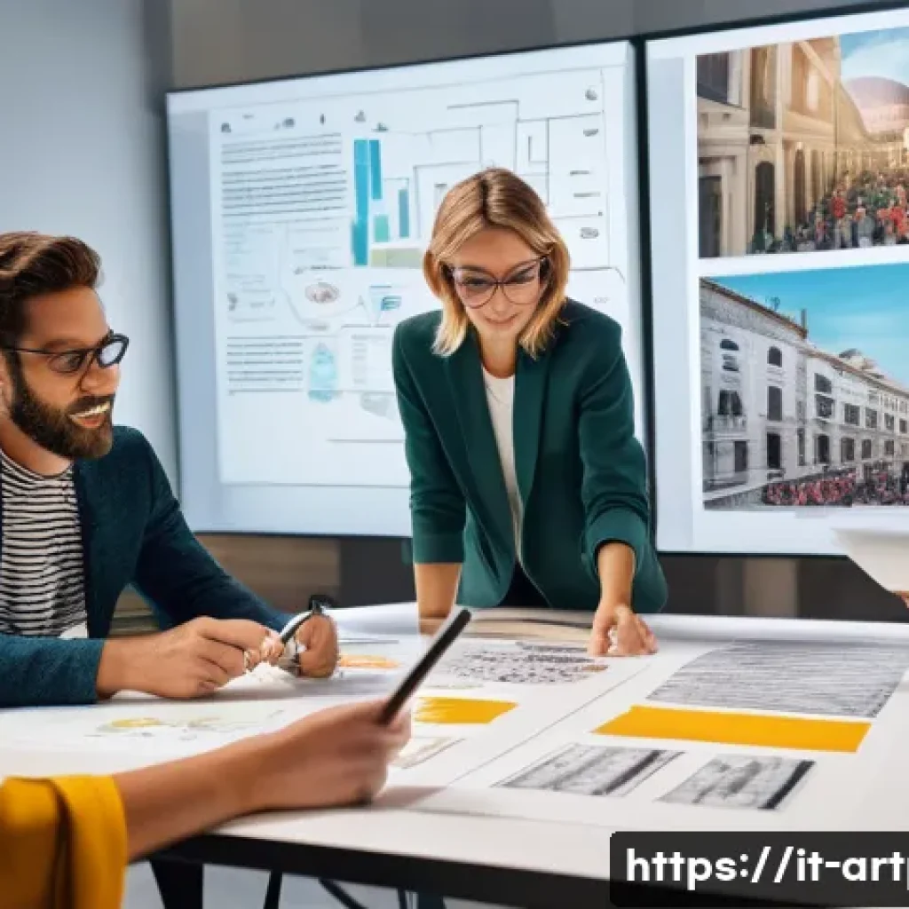 미술문화기획사의 주요 업무 흐름도 - **A dynamic, high-angle shot of a bustling, modern Italian event planning office.** In the foregroun...