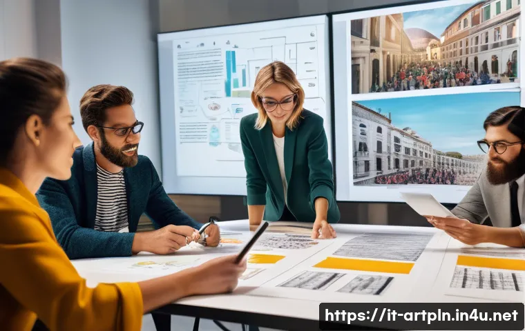 미술문화기획사의 주요 업무 흐름도 - **A dynamic, high-angle shot of a bustling, modern Italian event planning office.** In the foregroun...