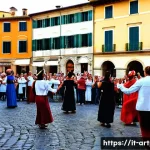 Home 18 미술문화기획사의 창업 가능성 및 성공 사례 - A vibrant cultural event scene in a historic Italian piazza during early evening, featuring local ar...
