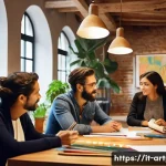 Home 23 미술문화기획사의 직무에서의 갈등 해결 방법 - A diverse artistic team gathered around a large wooden table in a modern Italian creative studio, en...