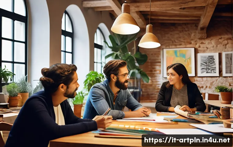 미술문화기획사의 직무에서의 갈등 해결 방법 - A diverse artistic team gathered around a large wooden table in a modern Italian creative studio, en...