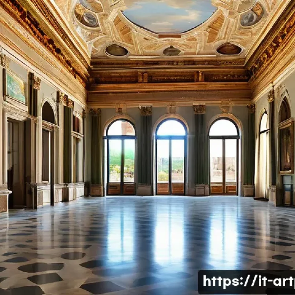 미술문화기획사의 전시회 개최 시기 결정 요인 - A vibrant summer art exhibition set in a historic Italian palazzo with large windows allowing abunda...