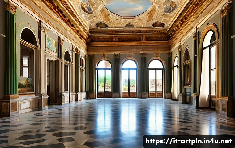미술문화기획사의 전시회 개최 시기 결정 요인 - A vibrant summer art exhibition set in a historic Italian palazzo with large windows allowing abunda...
