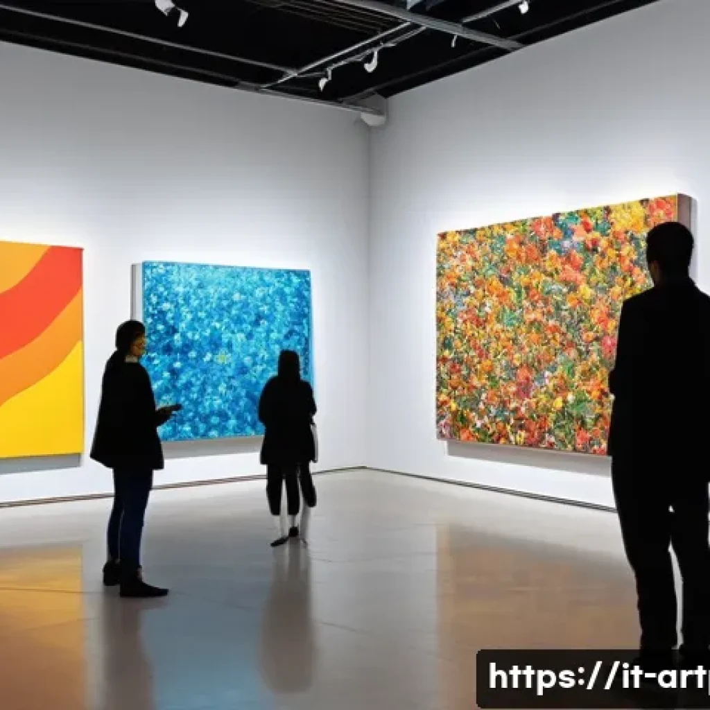 미술문화기획사로서의 문화 예술 비평 - A contemporary art gallery scene featuring diverse visitors attentively engaging with large, colorfu...
