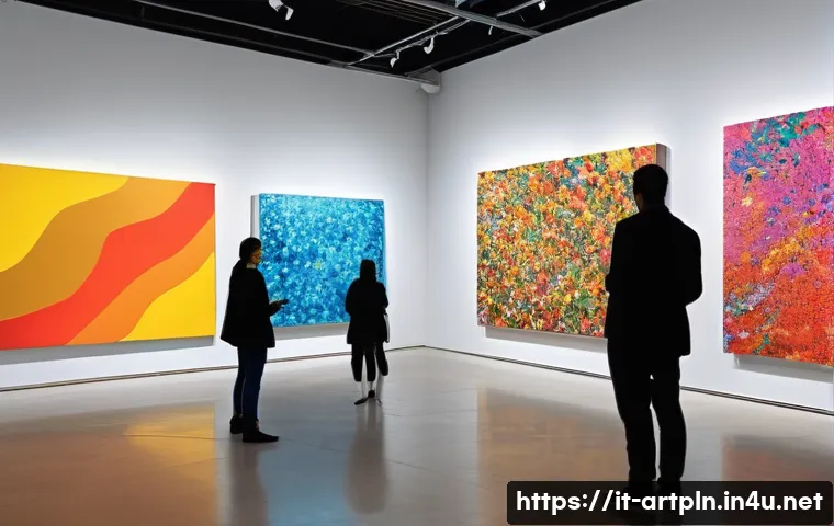 미술문화기획사로서의 문화 예술 비평 - A contemporary art gallery scene featuring diverse visitors attentively engaging with large, colorfu...