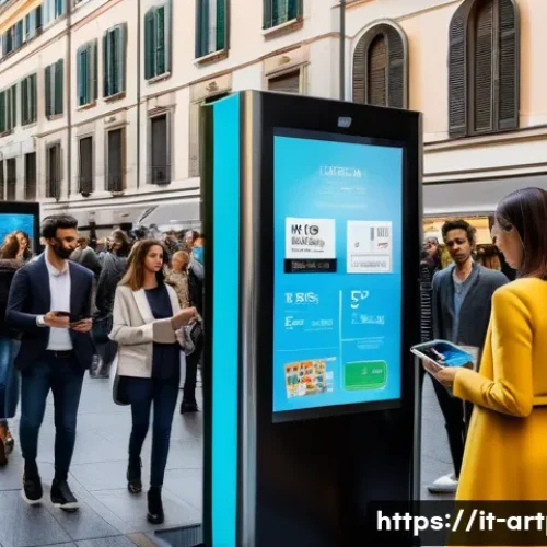 미술문화기획사의 주요 업무의 디지털화 - A modern Italian cultural event ticketing scene set in a stylish urban environment, featuring divers...