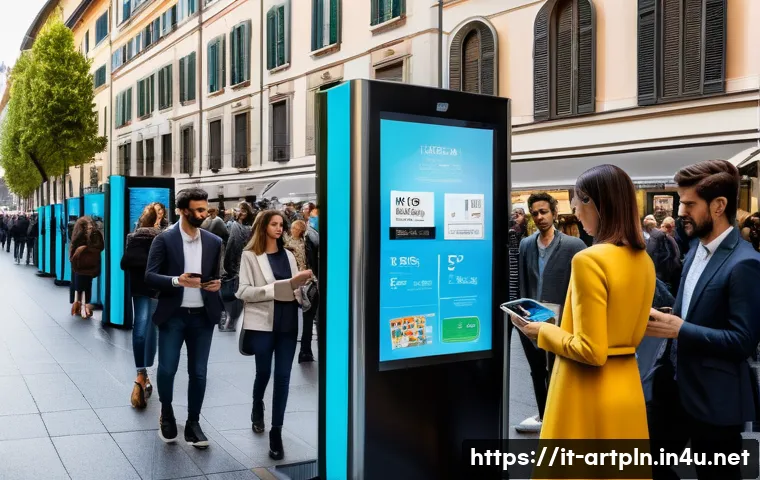 미술문화기획사의 주요 업무의 디지털화 - A modern Italian cultural event ticketing scene set in a stylish urban environment, featuring divers...