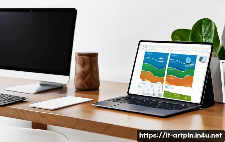 미술문화기획사의 업무 효율성을 높이는 도구 - A modern digital workspace for managing cultural projects, featuring a sleek computer screen display...