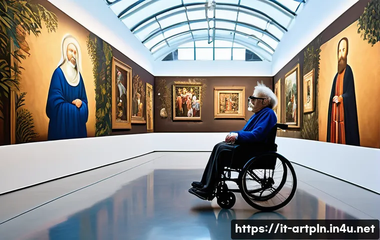 미술문화기획사와 관련된 최신 학문 동향 - A vibrant immersive art exhibition featuring visitors wearing lightweight AR glasses interacting wit...