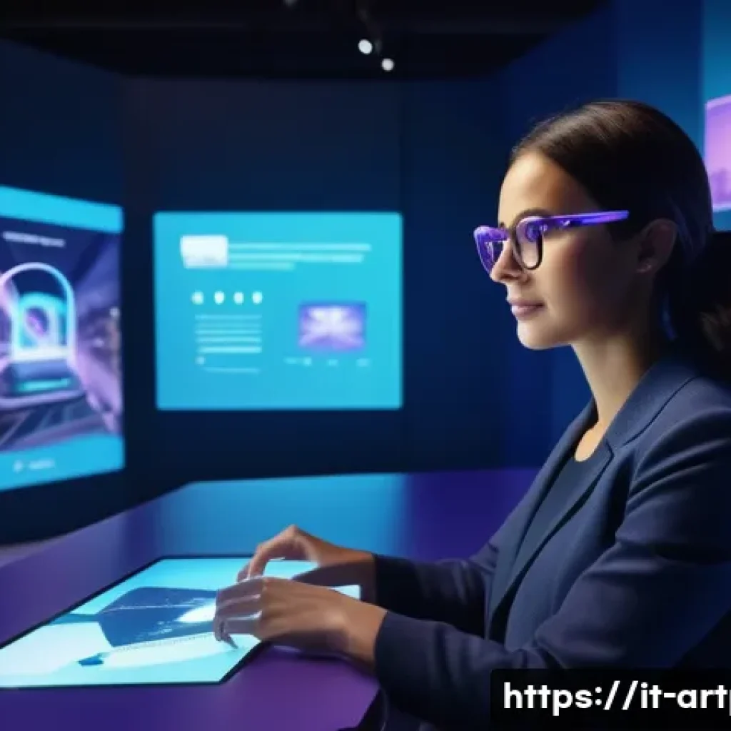 미술문화기획사의 진로 전환 성공 사례 - A dynamic digital art studio scene showcasing a professional female curator in her 30s wearing styli...