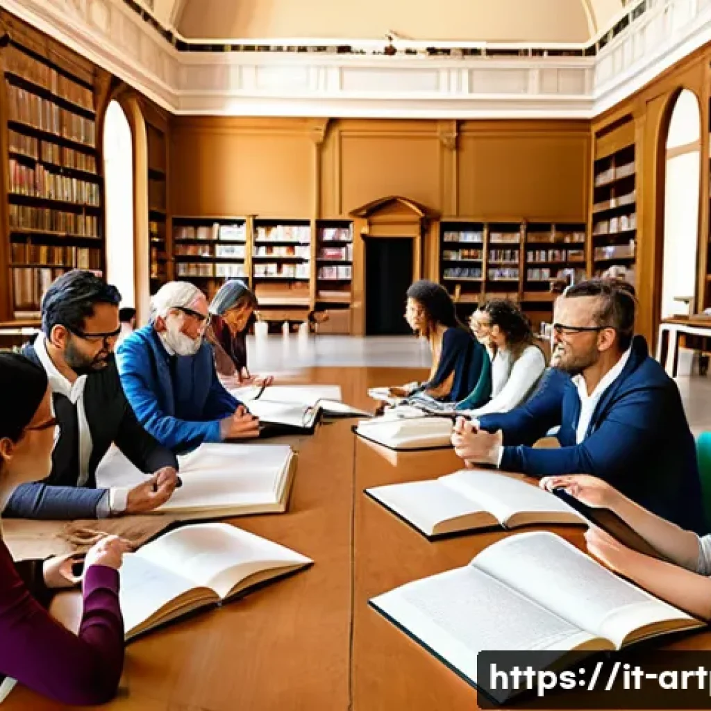 미술문화기획사 입문을 위한 추천 도서 - A sophisticated cultural planning workshop scene set in a modern Italian library, featuring diverse ...