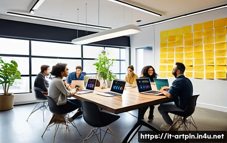 미술문화기획사의 실기 대비 팀 프로젝트 경험 - A diverse team of creative professionals collaborating in a bright, modern office space filled with ...