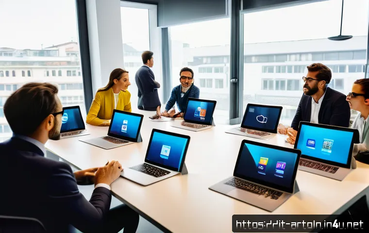 미술문화기획사의 효율적인 스케줄 관리 - A modern office scene in Milan, Italy, showing a diverse creative team gathered around a large table...