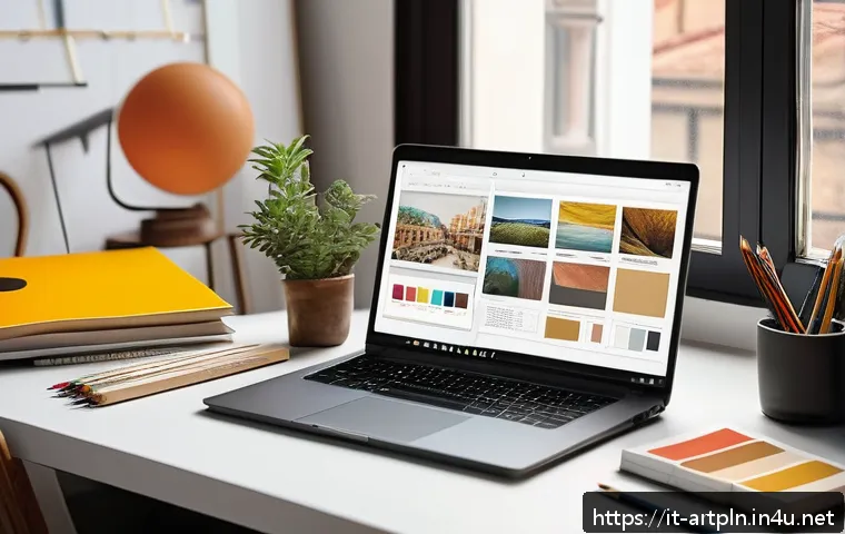 미술문화기획사의 프리랜서 일자리 찾기 - A sophisticated cultural design portfolio workspace featuring an open laptop displaying a modern, we...