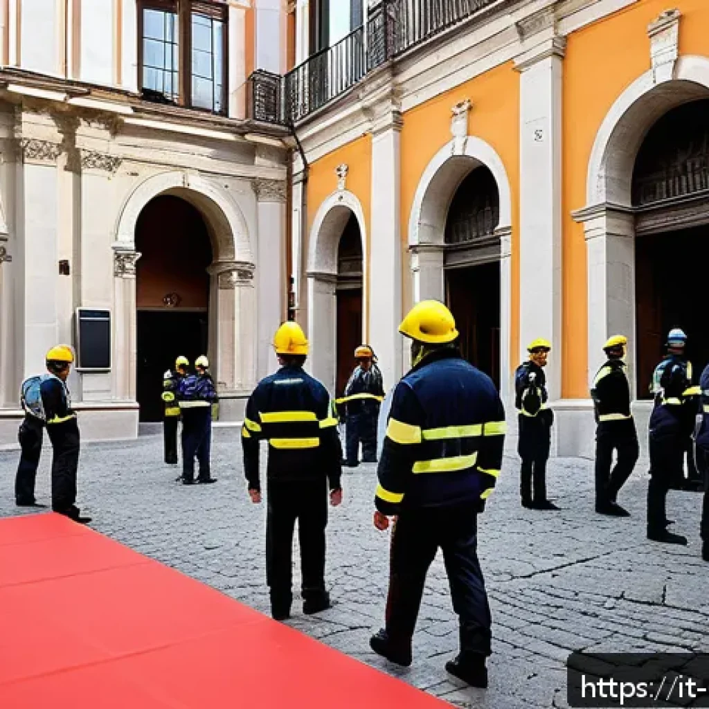 미술문화기획사의 직무 수행 중 리스크 관리 - A detailed scene of a cultural event venue in Italy, showcasing a professional team conducting a tho...