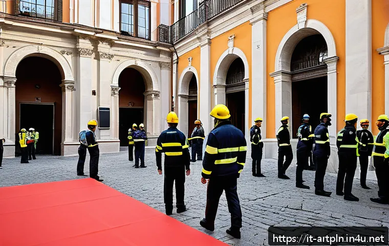 미술문화기획사의 직무 수행 중 리스크 관리 - A detailed scene of a cultural event venue in Italy, showcasing a professional team conducting a tho...