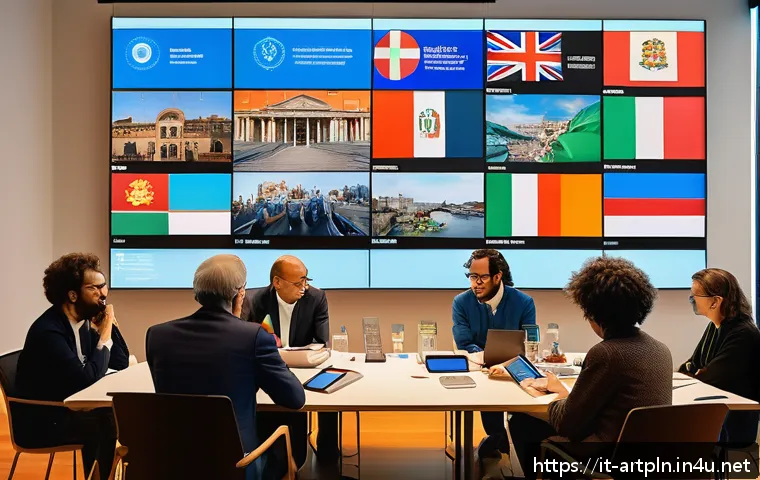 미술문화기획사의 글로벌 네트워킹 사례 - A vibrant international art collaboration scene showing Italian cultural agencies networking with fo...