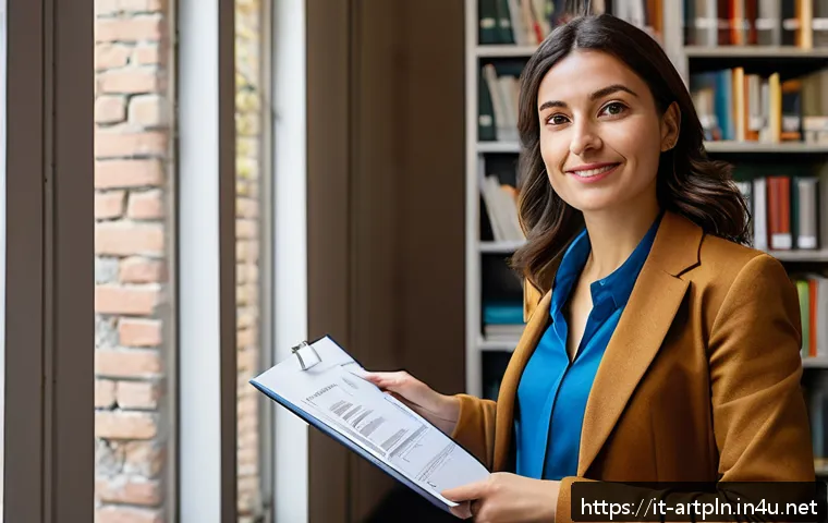 미술문화기획사의 연봉 협상 성공 사례 - A professional woman in her early 30s, confidently negotiating a salary in a modern Italian cultural...