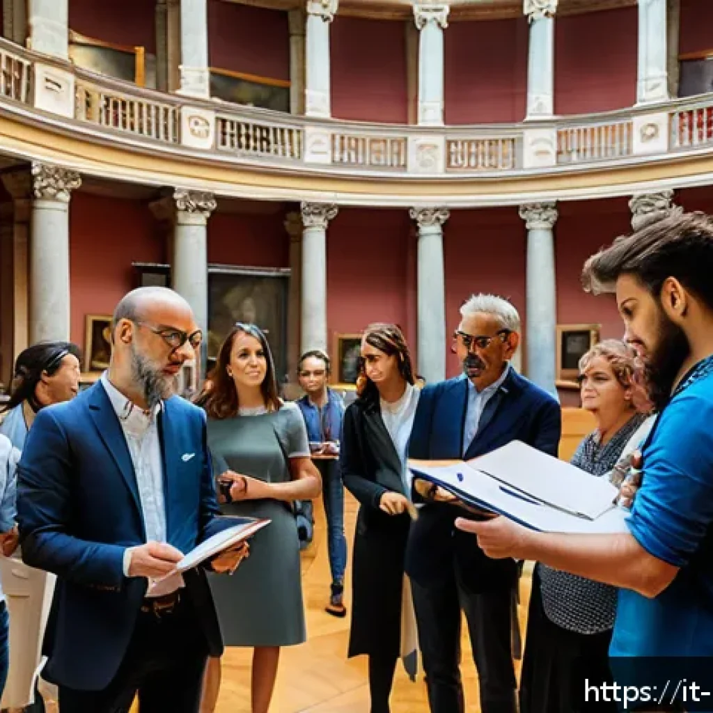 미술문화기획사 실무 교육 프로그램 추천 - A professional cultural event organizer leading a workshop in a historic Italian museum, surrounded ...