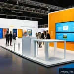 Home 21 미술문화기획사의 해외 박람회 참석 준비 - A modern international art fair booth featuring a sleek, well-lit display with digital touchscreens ...