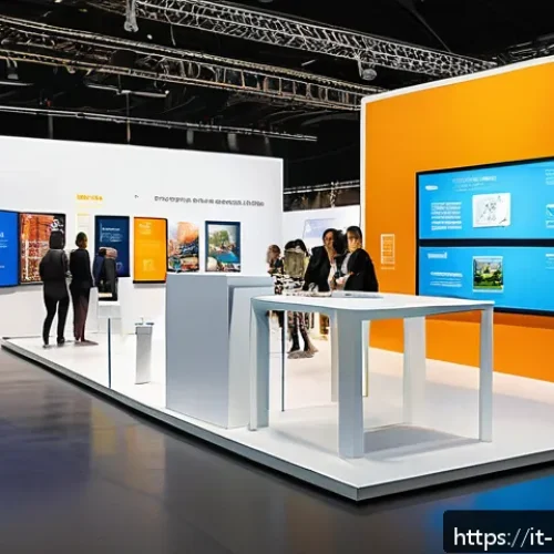 Home 33 미술문화기획사의 해외 박람회 참석 준비 - A modern international art fair booth featuring a sleek, well-lit display with digital touchscreens ...