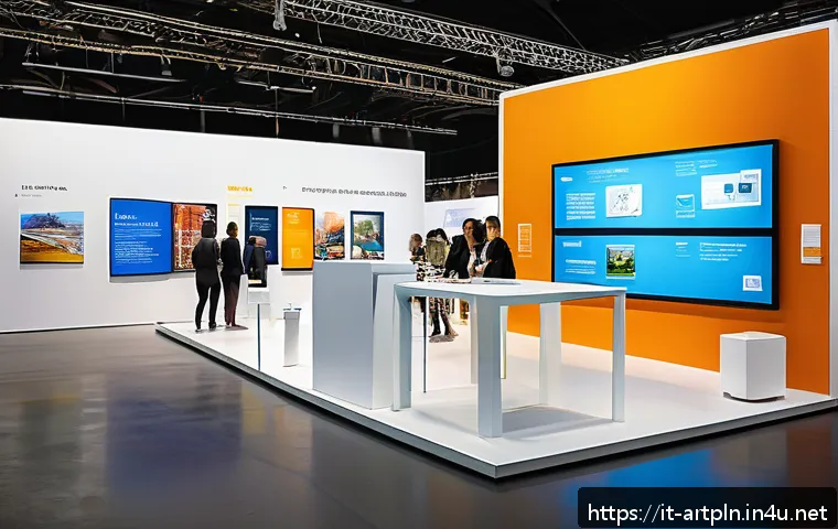 미술문화기획사의 해외 박람회 참석 준비 - A modern international art fair booth featuring a sleek, well-lit display with digital touchscreens ...