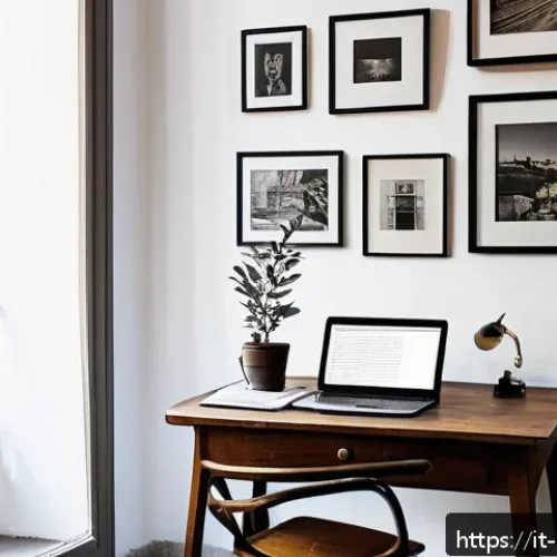 Home 32 미술문화기획사의 직무 경험담 블로그 운영법 - A cozy and elegant cultural blog writer’s workspace in a stylish Milan apartment, featuring a vintag...