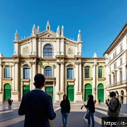 Home 31 미술문화기획사 관련 국내외 유명 사례 - A vibrant urban scene in Milan showcasing augmented reality overlays on historic building facades, w...