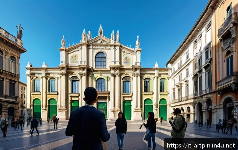 미술문화기획사 관련 국내외 유명 사례 - A vibrant urban scene in Milan showcasing augmented reality overlays on historic building facades, w...