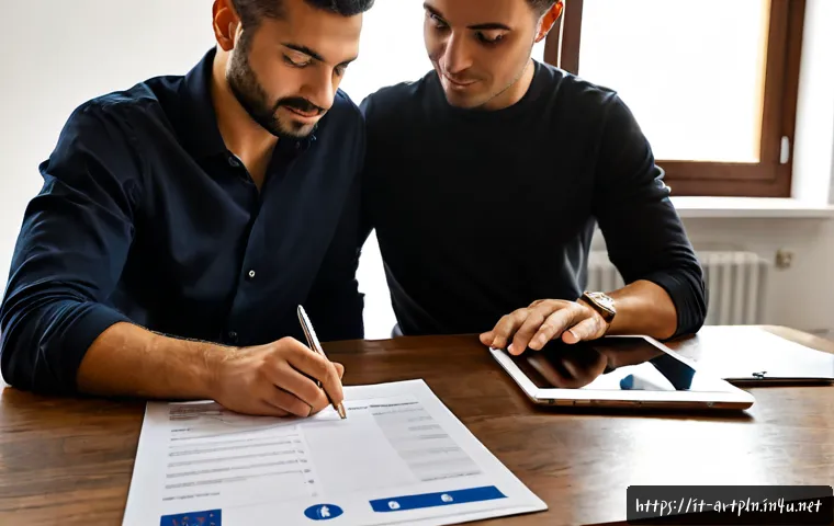 Home 17 미술문화기획사의 프리랜서 계약 팁 - Photorealistic Italian freelance art consultant reviewing a blank contract document with a client in...